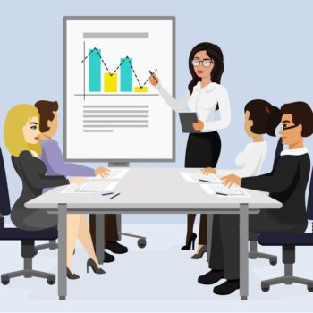 Vector illustration of business meeting, presentation concept, new project. Woman speaks and shows graphics before her colleagues, flat cartoon style. Vector illustration of business meeting, presentation concept, new project. Woman speaks and shows graphics before her colleagues, flat cartoon style