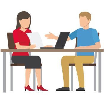 Business Meeting of People Vector Illustration Business meeting of people dealing with reports and documents and researches via laptop, man woman workers, vector illustration isolated on white